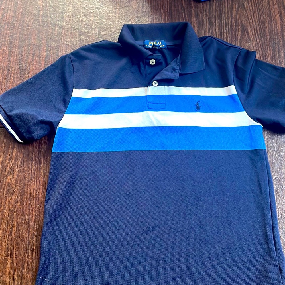 Boys size Medium 10-12 Navy and light blue striped Polo